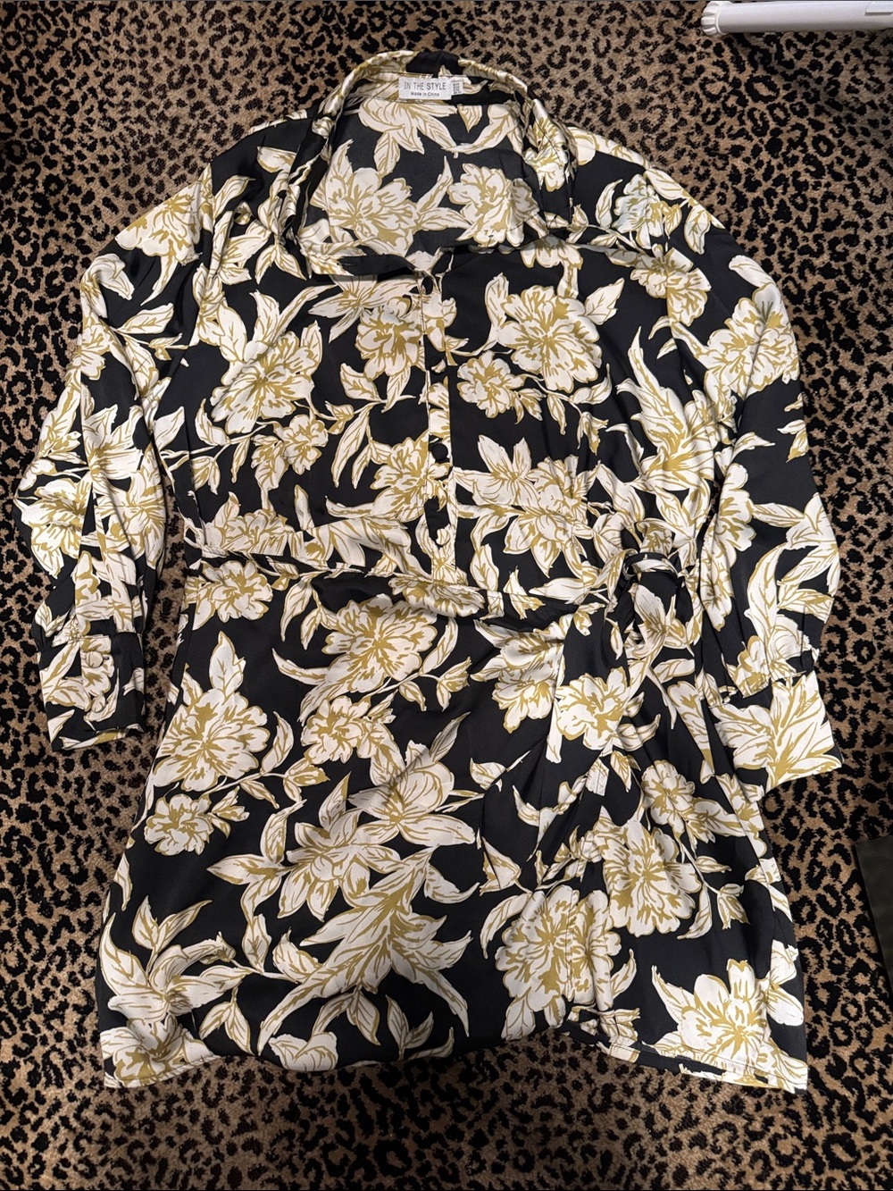 In Style Black Floral Tie-Waist Shirt Dress